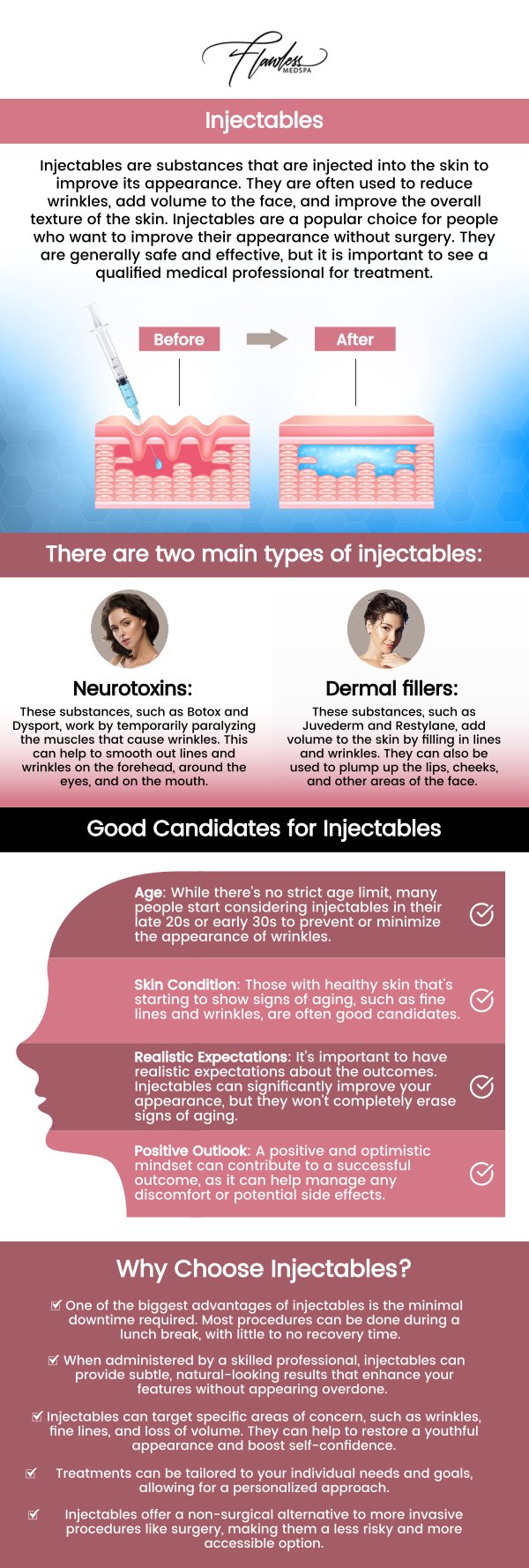 Injectables and fillers are non-surgical treatments designed to enhance facial features, smooth wrinkles, and restore volume. Popular options like Botox, dermal fillers, and lip enhancements provide natural-looking results with minimal downtime. These treatments are customized to meet individual needs, targeting areas such as the face, lips, and under-eye area. Melanie Speed, APRN, NP-C, CANS, offers expert injectables and fillers at Flawless MedSpa in Las Vegas, NV, ensuring personalized care for the best possible outcomes. For more information, contact us or book an appointment online. We are conveniently located at 9418 W. Lake Mead Blvd Las Vegas, NV 89134. Injectables and fillers are non-surgical treatments designed to enhance facial features, smooth wrinkles, and restore volume. Popular options like Botox, dermal fillers, and lip enhancements provide natural-looking results with minimal downtime. These treatments are customized to meet individual needs, targeting areas such as the face, lips, and under-eye area. Melanie Speed, APRN, NP-C, CANS, offers expert injectables and fillers at Flawless MedSpa in Las Vegas, NV, ensuring personalized care for the best possible outcomes. For more information, contact us or book an appointment online. We are conveniently located at 9418 W. Lake Mead Blvd Las Vegas, NV 89134.