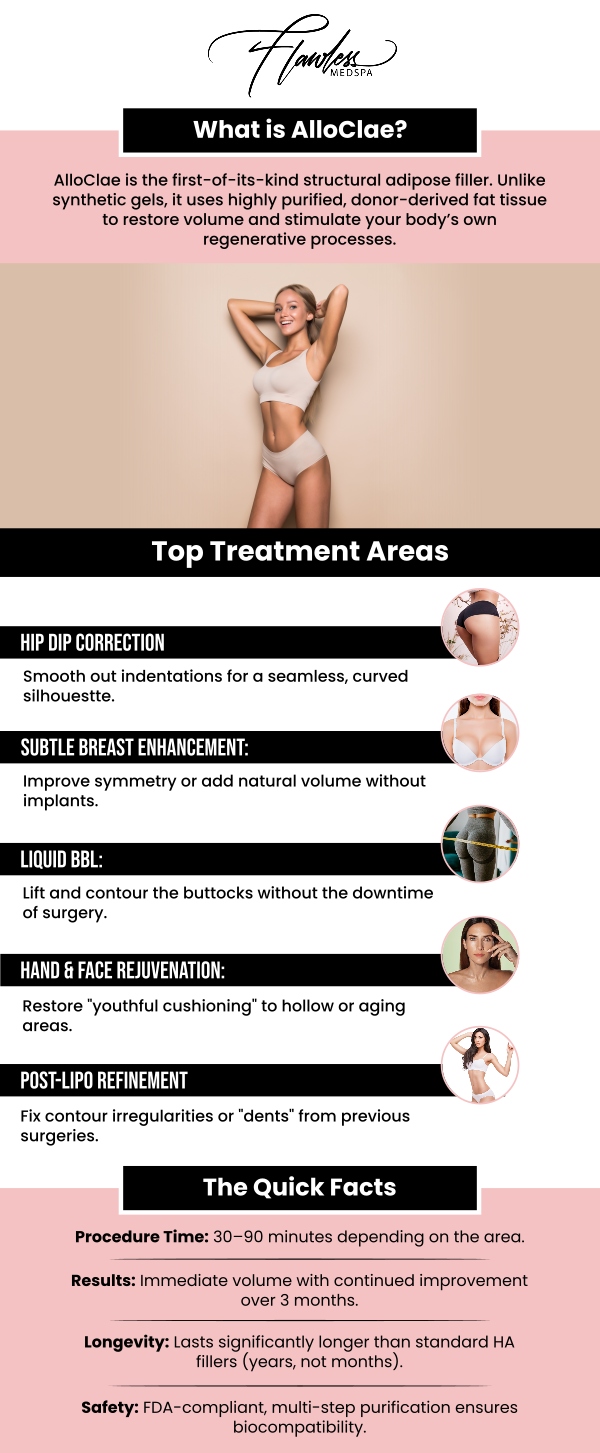 At Flawless MedSpa, we offer Alloclae® Human Harvested Fat, an advanced regenerative aesthetic treatment designed specifically for body volume restoration and contour enhancement. Alloclae provides the benefits of fat transfer without liposuction or surgery, making it an ideal option for patients seeking natural-looking body enhancement with minimal downtime. For more information, contact us today or schedule an appointment online. We are conveniently located at 9418 W. Lake Mead Boulevard, Las Vegas, NV 89134.