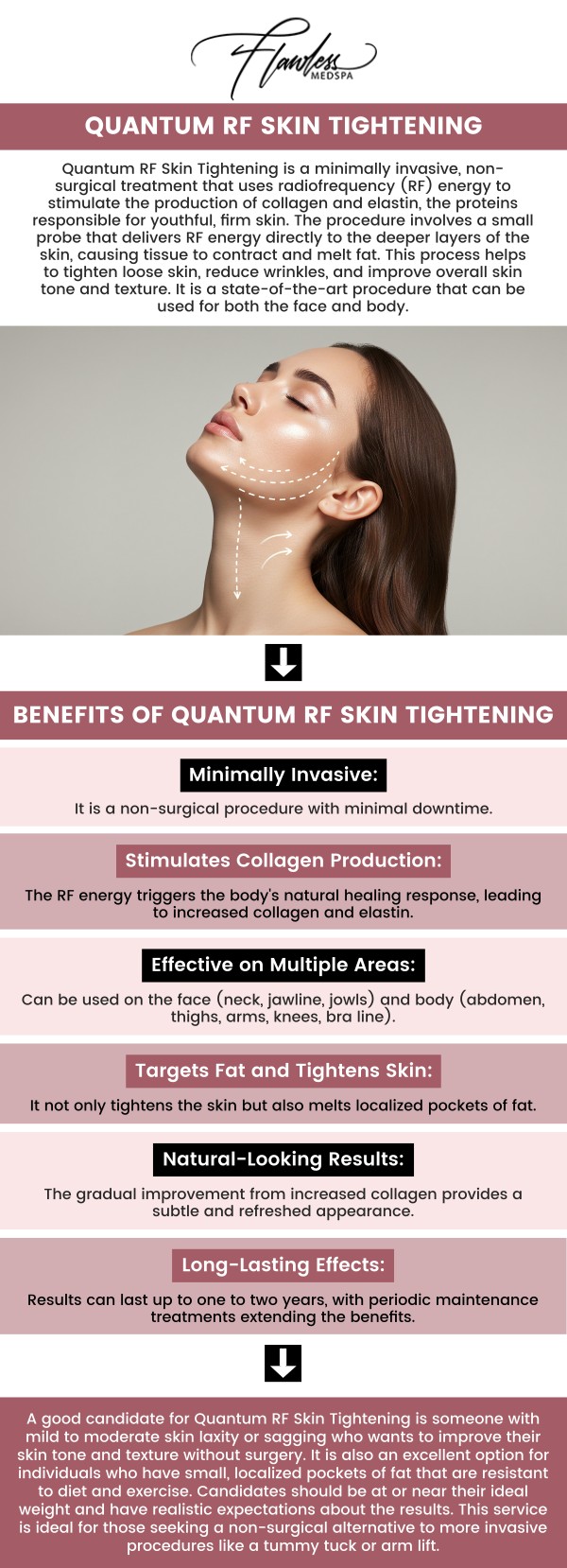 If you're looking to rejuvenate your skin and tighten it without surgery, Quantum RF Skin Tightening could be the solution. This non-invasive procedure uses radiofrequency technology to promote collagen production, reduce fat by 30%, and improve the appearance of sagging skin and fine lines. At Flawless MedSpa, led by Melanie Speed, APRN, NP-C, CANS, clients can experience the benefits of this innovative treatment to achieve firmer, more contoured skin with liposuction-like results—without surgery, anesthesia, pain, or downtime. For more information, contact us today or schedule an appointment online. We are conveniently located at 9418 W. Lake Mead Boulevard, Las Vegas, NV 89134.