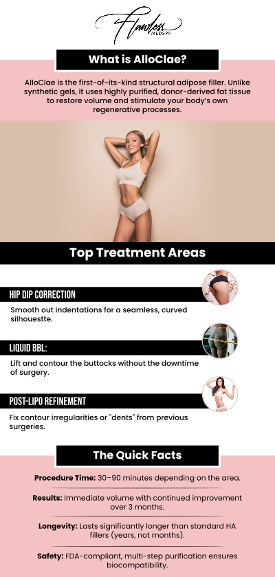 Alloclae is an advanced injectable treatment designed to restore soft, natural-looking volume and refine body contours without traditional fat transfer surgery. At The Beverly Hills MedSpa, Melanie Speed, APRN, NP-C, CANS, and the team use processed human-harvested fat allograft to mimic the feel and structure of natural fat in targeted areas. Alloclae works by adding volume and support to areas such as hip dips, buttocks, or other volume-deficient body areas. This treatment may be ideal for people who want subtle body contouring with minimal downtime and no liposuction. For more information, contact us or schedule an appointment. We are conveniently located at 435 N Roxbury Drive, Suite 100, Beverly Hills, CA 90210. Alloclae is an advanced injectable treatment designed to restore soft, natural-looking volume and refine body contours without traditional fat transfer surgery. At The Beverly Hills MedSpa, Melanie Speed, APRN, NP-C, CANS, and the team use processed human-harvested fat allograft to mimic the feel and structure of natural fat in targeted areas. Alloclae works by adding volume and support to areas such as hip dips, buttocks, or other volume-deficient body areas. This treatment may be ideal for people who want subtle body contouring with minimal downtime and no liposuction. For more information, contact us or schedule an appointment. We are conveniently located at 435 N Roxbury Drive, Suite 100, Beverly Hills, CA 90210.